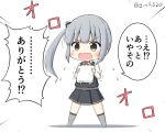  1girl bag black_legwear black_ribbon chibi commentary dress fang full_body goma_(yoku_yatta_hou_jane) grey_hair kantai_collection kasumi_(kantai_collection) kneehighs long_hair long_sleeves open_mouth pinafore_dress red_ribbon remodel_(kantai_collection) ribbon shirt shopping_bag side_ponytail simple_background sleeveless sleeveless_dress solo standing translated tsundere twitter_username wavy_mouth white_background white_shirt yellow_eyes 