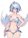  1girl antenna_hair armpit_crease bare_shoulders blue_eyes blue_hair breasts collarbone commentary_request covered_nipples eyelashes fumio_(rsqkr) hand_on_hip looking_at_viewer navel original personification short_hair simple_background small_breasts solo twitter white_background wide_hips wings 