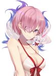  1girl absurdres animal breasts closed_mouth collarbone fate/grand_order fate_(series) fou_(fate/grand_order) glasses hair_over_one_eye highres liyuchen1126 looking_at_viewer mash_kyrielight medium_breasts pink_hair shiny shiny_hair short_hair sideboob smile swimsuit upper_body violet_eyes 