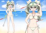  1girl :d adjusting_headwear alternate_hair_ornament anchovy ass_visible_through_thighs bangs barefoot bikini black_ribbon breasts clouds cloudy_sky commentary day drill_hair fang girls_und_panzer goggles goggles_on_head green_hair groin hair_ribbon hand_on_hip holding legs long_hair looking_at_viewer medium_breasts navel ocean open_mouth polearm red_eyes ribbon rokkaku_denpa sky smile solo standing swimsuit trident twin_drills twintails v-shaped_eyebrows wallpaper weapon white_bikini zoom_layer 