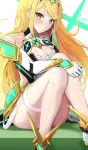  1girl armor bangs blonde_hair blush breasts earrings gem gloves headpiece highres mythra_(xenoblade) ippers jewelry long_hair looking_at_viewer shy simple_background skin thighs tiara xenoblade_(series) xenoblade_2 yellow_eyes 