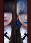  2girls aqua_eyes aqua_lips aqua_lipstick bangs black_hair blunt_bangs bolo_tie braid clara_v commentary_request jabami_yumeko jacket kakegurui lips lipstick long_hair looking_at_viewer makeup momobami_kirari multiple_girls realistic red_eyes ribbon school_uniform shirt smile 