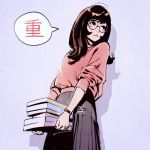  1girl book_stack brown_eyes brown_hair carrying commentary glasses highres ilya_kuvshinov long_hair original simple_background solo translated watch watch 