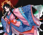  black_hair dual_wielding grey_eyes headdress heian hexagon japanese_clothes karaginu_mo kimono kyouran_kazoku_nikki markings midarezaki_gekka multilayer_kimono scan scan_artifacts solo translation_request weapon 