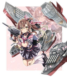  1girl blush breasts brown_eyes brown_hair cannon character_request cherry_blossoms collarbone commentary_request full_body hair_between_eyes hair_ornament highres jewelry kei_(nvew8238) looking_at_viewer necklace petals small_breasts smile solo thigh-highs torpedo_tubes trigger_discipline warship_girls_r weapon 