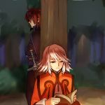  1girl book forest kratos_aurion nature raine_sage reading shashin sword tales_of_(series) tales_of_symphonia tree weapon 