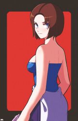  1girl blue_eyes blue_tube_top brown_hair clothes_around_waist highres jeff_miga jill_valentine looking_at_viewer red_background resident_evil resident_evil_3:_nemesis short_hair signature simple_background strapless sweater sweater_around_waist tube_top two-tone_background 