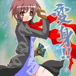  1girl female kamen_rider kamen_rider_knight kamen_rider_ryuki_(series) kou-oboro nagato_yuki oekaki parody scarf solo suzumiya_haruhi_no_yuuutsu translated 