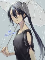  1girl artist_name black_eyes black_hair black_shirt highres kantai_collection nachi_(kancolle) one-hour_drawing_challenge rain shirt short_sleeves side_ponytail solo transparent transparent_umbrella twitter_username umbrella upper_body wiwo 