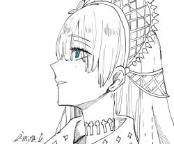  anastasia_(fate) artist_name blue_eyes cross fate/grand_order fate_(series) greyscale_with_colored_eyes hair_ornament knyhks_zms long_hair looking_at_another looking_to_the_side looking_up parted_lips 