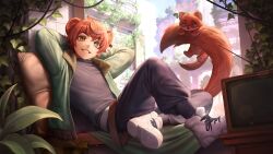  1boy absurdres animal_ears arm_behind_head belt black_pants black_shirt blue_sky brown_belt brown_eyes brown_hair cityscape commentary commission earrings english_commentary eyeliner eyeshadow fur-trimmed_jacket fur_trim green_jacket grey_streaks hair_between_eyes highres indie_virtual_youtuber jacket jewelry knee_up light_particles looking_at_viewer makeup male_focus numanoan on_chair open_clothes open_jacket p2_(vtuber) pants ruins shirt short_hair sitting sitting_on_tail sky smile solo stoat_boy tail teeth television turtleneck virtual_youtuber weasel weasel_ears weasel_tail white_sneakers 