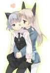  animal_ears bad_id black_legwear cheek_kiss dadami eila_ilmatar_juutilainen heart hug hug_from_behind kiss multiple_girls pantyhose sanya_v_litvyak strike_witches white_legwear white_pantyhose wink yuri 