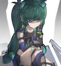 1girl dark_green_hair fairy_(zenless_zone_zero) long_hair one_eye_closed qingyi_(zenless_zone_zero) twintails zenless_zone_zero