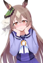 1girl animal_ears blush brown_hair collarbone ear_ornament eyebrows_visible_through_hair flustered hands_on_own_face highres horse_ears horse_girl long_hair satono_diamond_(umamusume) school_uniform simple_background tracen_school_uniform umamusume white_background yik_(pixiv91541444)