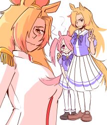  2girls absurdres aiguillette animal_ears black_shoes blue_bow blue_shirt blue_stripes blush bow breasts brown_shoes comely_material_morning crown from_below full_body highres horizontal-striped_skirt horse_ears horse_girl horse_race_tests horseshoe_ornament jovial_merryment large_breasts looking_down medium_breasts military_uniform multiple_girls multiple_views orange_hair orange_tail pink_hair pink_tail puffy_short_sleeves puffy_sleeves red_stripes shirt shoes short_sleeves shoulder_pads side_ponytail simple_background single_vertical_stripe skirt standing suit upper_body v vertical_striped_suit white_background white_skirt white_stripe white_suit 