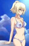  blonde_hair blue_eyes blush breasts cleavage gundam gundam_00 gundam_00p kuro_(pizz66) marlene_vlady ponytail swimsuit 