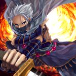  blue_eyes cape edward_geraldine final_fantasy final_fantasy_iv fire koushi_rokushiro male ninja solo sword weapon white_hair 