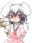  animal_ears black_hair bunny_ears carrot dress holding inaba_tewi jewelry myama no_nose pendant pink_dress rabbit_ears red_eyes short_hair sign simple_background solo touhou translated 