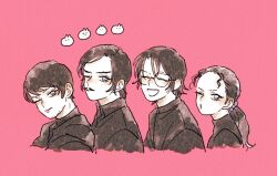  1girl 3boys ^_^ bad_id bad_twitter_id beard_stubble blue_eyes brothers closed_eyes facial_hair glasses highres looking_at_viewer meitantei_conan mizunashi_rena morofushi_takaaki multiple_boys mustache nanteiiyoru one_eye_closed pink_background ponytail red_lips scotch_(meitantei_conan) siblings simple_background stubble upper_body 