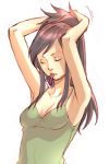  1girl armpits breasts brown_hair casual closed_eyes ema_skye gyakuten_saiban houdzuki_akane houzuki_akane kobashi long_hair lowres mouth_hold 