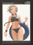  bikini bob_cut bottle brown_hair flat_chest futuregraph headphones highres innertube murata_renji range_murata short_hair swimsuit thigh_gap wristband 