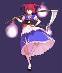  hair_ornament hand_on_hip hitodama onozuka_komachi red_eyes red_hair sandals scythe short_hair simple_background smile standing_on_one_leg tabi touhou yu_65026 