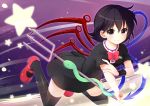  1girl arm_grab asymmetrical_wings black_hair bow dress flying gradient gradient_background houjuu_nue index_finger_raised legs_up light_particles light_trail looking_at_viewer mary_janes nekosugi_(hoshi) polearm red_eyes shoes short_hair smile snake solo star thigh-highs touhou trident weapon wings wrist_cuffs zettai_ryouiki 