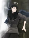  black_eyes black_hair breath cigarette haibane_renmei halo long_hair mo_(pixiv51929) reki sleeves_rolled_up smoking wings 