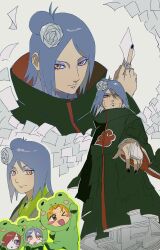  1girl 2boys :o ;d akatsuki_uniform animal_costume black_coat black_nails blue_eyeliner blue_hair blush_stickers closed_mouth coat commentary_request eyeliner flower frog_costume hair_flower hair_ornament hair_over_one_eye highres holding holding_paper konan_(naruto) long_sleeves makeup multiple_boys multiple_views nagato_(naruto) naruto_(series) naruto_shippuuden one_eye_closed open_mouth orange_eyes orange_hair paper piercing ramama522_(rama) red_hair rinnegan short_hair smile yahiko_(naruto) 