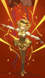  1girl absurdres back_bow beret black_boots black_corset black_gloves black_hat blonde_hair boots bow charlotte_(madoka_magica) chun_sam circle_skirt collared_shirt colored_eyelashes commentary confetti confetti_ball corset detached_sleeves drill_hair expressionless fingerless_gloves floating_clothes floating_hair flower_hairpin full_body gloves grey_thighhighs hair_between_eyes hat hat_feather high_collar highres knee_boots long_hair long_sleeves looking_ahead magical_girl mahou_shoujo_madoka_magica mahou_shoujo_madoka_magica_(anime) miniskirt multicolored_boots neck_ribbon outstretched_arms parted_lips pleated_skirt puffy_long_sleeves puffy_short_sleeves puffy_sleeves red_background ribbon shadow shirt short_sleeves simple_background skirt solo standing streamers striped_clothes striped_thighhighs symbol-only_commentary tareme thigh-highs tomoe_mami twin_drills two-tone_boots vertical-striped_clothes vertical-striped_thighhighs white_bow white_shirt white_sleeves yellow_boots yellow_eyes yellow_ribbon yellow_skirt 