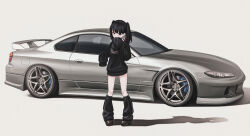  1girl absurdres black_eyes black_hair black_socks black_sweater bokuya car grey_car highres jirai_kei kneehighs long_hair long_sleeves loose_socks motor_vehicle nissan nissan_silvia nissan_silvia_s15 original shadow simple_background sleeves_past_fingers sleeves_past_wrists socks spoiler_(automobile) sports_car standing sweater twintails vehicle_focus white_background wide_shot 