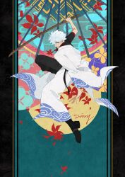  1boy black_boots black_pants black_shirt bokken boots commentary commentary_request egasumi full_body gintama grey_hair hadanugi_dousa highres holding holding_sword holding_weapon huoze76020 japanese_clothes kimono leaf long_sleeves looking_at_viewer male_focus open_clothes open_kimono pants red_eyes sakata_gintoki seigaiha shirt short_sleeves signature solo sword weapon white_kimono wooden_sword 