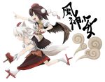  :&lt; animal_ears black_wings dog_ears geta hat inubashiri_momiji morino_hon multiple_girls piggyback shameimaru_aya sweatdrop tengu-geta tokin_hat touhou wings wolf_ears 