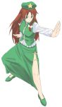  braid chinese_clothes fighting_stance green_eyes hat hong_meiling jpeg_artifacts long_hair mismi red_hair solo touhou twin_braids 