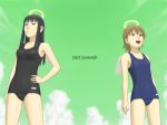  black_eyes black_hair brown_eyes brown_hair cigarette cloud clouds haibane_renmei halo long_hair one-piece_swimsuit rakka reki school_swimsuit sky smile swimsuit swuimsuit wings yasunon 