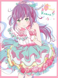  1girl blush collarbone commentary_request dated dress drop_shadow finger_to_mouth flower flower-trimmed_dress frilled_dress frills gloves green_eyes hair_ornament happy_birthday highres link!_like!_love_live! long_hair looking_at_viewer love_live! myrain56991013 official_alternate_costume otomune_kozue pink_background pink_flower pink_rose ponytail purple_hair ribbon rose sidelocks single-shoulder_dress single_bare_shoulder smile solo white_background white_gloves yume_wazurai 