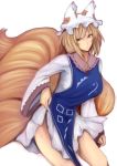  bad_id blonde_hair caster5 dress dress_lift fox_tail hat multiple_tails otouto_(caster5) short_hair solo tail touhou yakumo_ran yellow_eyes 