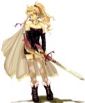  blonde_hair boots bridal_gauntlets cape celes_chere female final_fantasy final_fantasy_vi gloves gumi_(nisoniso) long_hair nisoniso ponytail solo sword thigh-highs thighhighs tina_branford weapon yellow_eyes zettai_ryouiki 