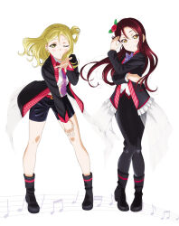 2girls artbook black_jacket black_pants black_shorts blonde_hair blush boots bow bowtie braid crown_braid floating_hair flower full_body guilty_kiss_(love_live!) hair_between_eyes hair_flower hair_ornament hair_rings highres jacket kowareyasuki leaning_forward long_hair long_sleeves looking_at_viewer love_live! love_live!_sunshine!! multiple_girls musical_note necktie non-web_source official_alternate_costume official_art ohara_mari one_eye_closed pants purple_bow purple_bowtie purple_necktie red_flower red_hair red_rose rose sakurauchi_riko shirt shorts smile standing white_background yellow_eyes
