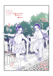 1boy 1girl animal_print asabanoriri blue_butterfly bread bug butterfly butterfly_hair_ornament butterfly_print earrings floor food green_necktie hair_ornament hanafuda_earrings highres jewelry kamado_tanjirou kimetsu_gakuen kimetsu_no_yaiba kishimen_hair kochou_shinobu necktie purple_butterfly scar scar_on_face scar_on_forehead school_uniform sword_writing updo