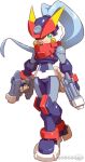  blue_hair bodysuit gun helmet highres horns mega official_art ponytail rockman rockman_zx watermark weapon 