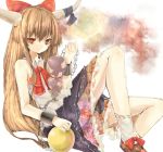  brown_hair chain chains horns ibuki_suika long_hair ribbon ribbons tetsuo touhou 