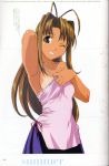  antenna_hair armpits brown_eyes brown_hair engrish highres long_hair love_hina narusegawa_naru ranguage scan shirt tan tanline wink 