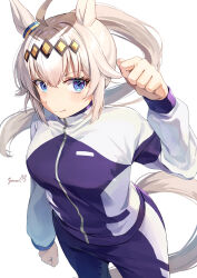  1girl absurdres ahoge animal_ears blue_eyes commentary from_above grey_hair hairband highres horse_ears horse_girl horse_tail jacket kasamatsu_tracen_training_uniform long_hair long_sleeves looking_to_the_side multicolored_jacket oguri_cap_(umamusume) pants ponytail purple_jacket purple_pants signature simple_background smile solo tail track_jacket track_pants two-tone_jacket umamusume umamusume:_cinderella_gray white_background yoru_usagi 