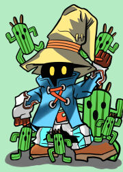  absurdres black_mage_(final_fantasy) blue_coat boots coat final_fantasy gloves hat highres open_mouth pants sabotender simple_background square_enix striped_clothes striped_pants wizard_hat yellow_eyes yoruneko_mintson 