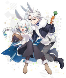  1boy 1girl :q absurdres anastasia_(fate) animal_ears black_boots black_eyes black_jacket black_pants blue_bow blue_eyes blue_nails boots bow braided_twintails brown_boots carrot clothing_cutout cropped_jacket doll eyes_visible_through_hair fate/grand_order fate_(series) fur-trimmed_boots fur-trimmed_jacket fur_trim grey_hair grey_pants hair_bow hair_over_one_eye highres holding holding_carrot holding_doll jacket james_moriarty_(ruler)_(fate) kemonomimi_mode lightning_ahoge low_twintails pants rabbit_boy rabbit_ears rabbit_tail short_hair smile sparkle sweater tail tia_(cocorosso) tongue tongue_out twintails viy_(fate) white_sweater 
