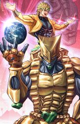 1boy 1other abs black_shirt blonde_hair colored_skin commentary dio_brando earrings earth_(planet) english_commentary evil_smile fingerless_gloves gloves green_headband grey_skin hand_on_own_hip headband heart_ornament helmet highres jacket jewelry jojo_no_kimyou_na_bouken muscular muscular_male noriakis_art open_mouth other_focus outstretched_arms palm_tree planet projected_inset red_eyes shirt smile sparkle spread_arms stand_(jojo) stardust_crusaders stone_mask_(jojo) teeth the_world tree turtleneck turtleneck_shirt yellow_gloves yellow_helmet yellow_jacket 
