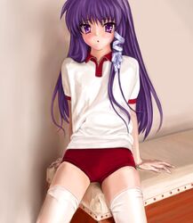  clannad fujibayashi_kyou gym_uniform koomo_(pixiv148008) koumo long_hair purple_eyes purple_hair thigh-highs thighhighs vaulting_horse violet_eyes 