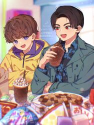 2boys :d artist_name black_hair black_shirt blunt_bangs blurry blurry_background brown_hair checkerboard_cookie collared_shirt commentary_request cookie cup drinking_straw food green_jacket highres holding holding_cup hood hood_down hoodie inoue_shouma jacket kamen_rider kamen_rider_gavv_(series) karakida_hanto kotori_inaka long_sleeves male_focus milkshake multiple_boys open_clothes open_jacket open_mouth parted_bangs red_eyes shirt short_hair smile upper_body very_short_hair violet_eyes watermark yellow_hoodie
