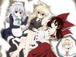  animal_ears arms_behind_head bad_id bed black_legwear blonde_hair blood blush bow brown_hair cat_ears detached_sleeves dog_ears hair_bow hakurei_reimu inu_sakuya izayoi_sakuya japanese_clothes kemonomimi_mode kirisame_marisa long_hair maid miko nosebleed short_hair silver_hair socks suzume_(pixiv) suzume_miku suzumemiku thighhighs touhou 